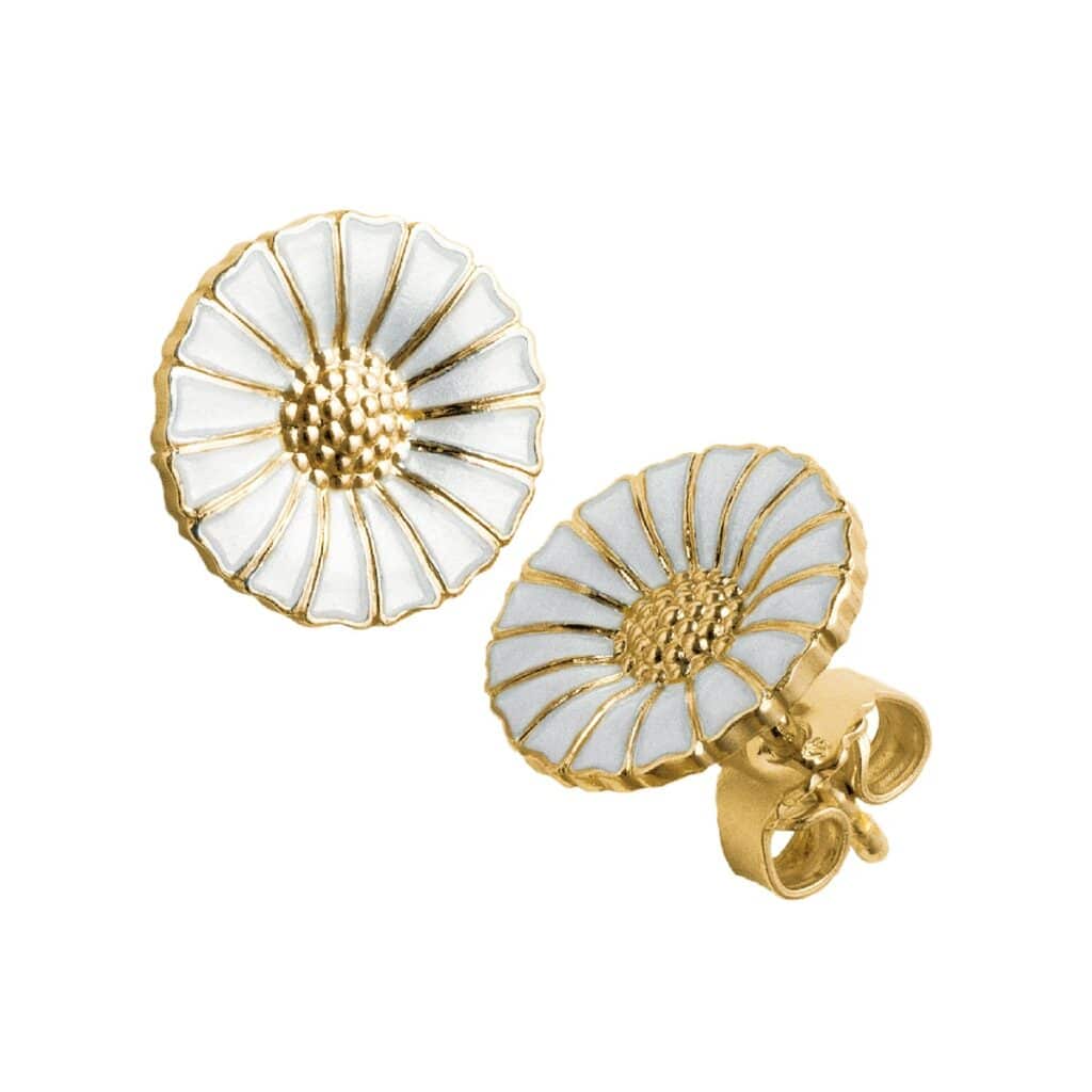GEORG JENSEN ØREDOBBER DAISY FORGYLT SØLV OG HVIT EMALJE