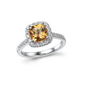 HVITTGULLRING MED CITRINE OG DIAMANTER