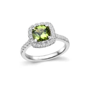 HVITTGULLRING MED PERIDOTT OG DIAMANTER