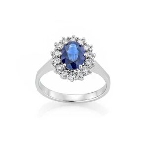 RING HVITGULL ROSETT MED SAFIR OG DIAMANTER