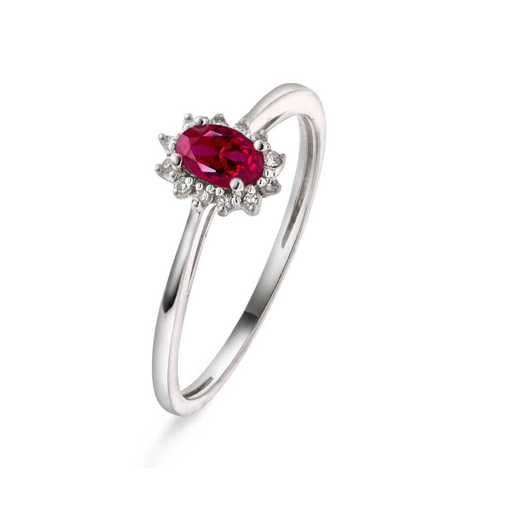RING HVITGULL ROSETT MED RUBIN OG DIAMANTER