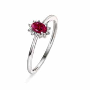 RING HVITGULL ROSETT MED RUBIN OG DIAMANTER
