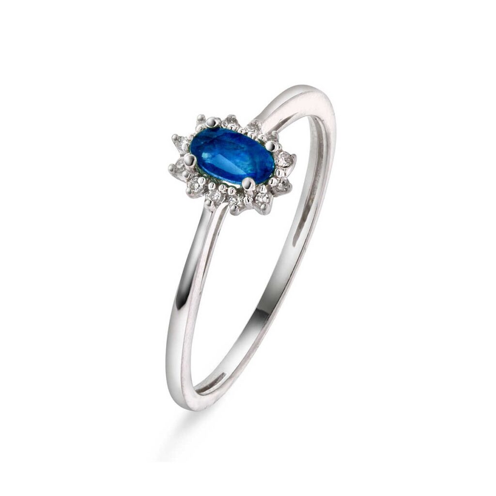 RING HVITGULL ROSETT MED SAFIR OG DIAMANTER