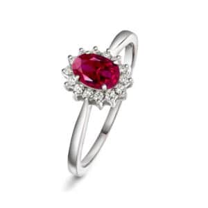 RING HVITGULL ROSETT MED RUBIN OG DIAMANTER