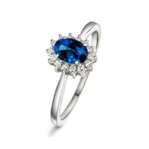 RING HVITGULL ROSETT MED SAFIR OG DIAMANTER