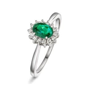 RING HVITGULL ROSETT MED SMARAGD OG DIAMANTER