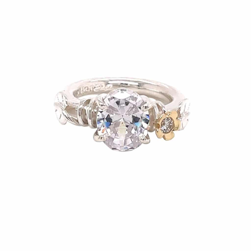 RIKKE HARSHEIM RING MED BLADER OVAL STEN OG GULLBLOMST 3MM RINGSKINNE