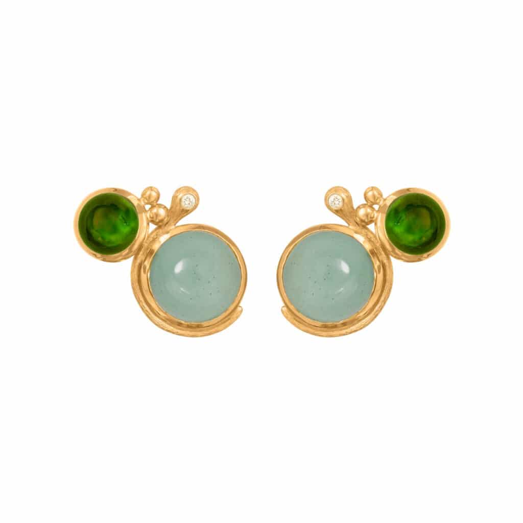 OLE LYNGGAARD ØREDOBBER LOTUS TURMALIN, AQUAMARINE OG DIAMANT