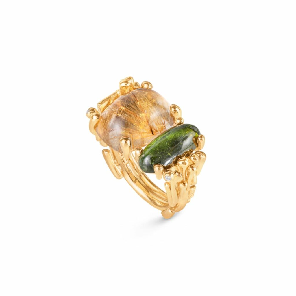 OLE LYNGGAARD RING BOHO DOBBEL RUTILKVARTS OG TURMALIN