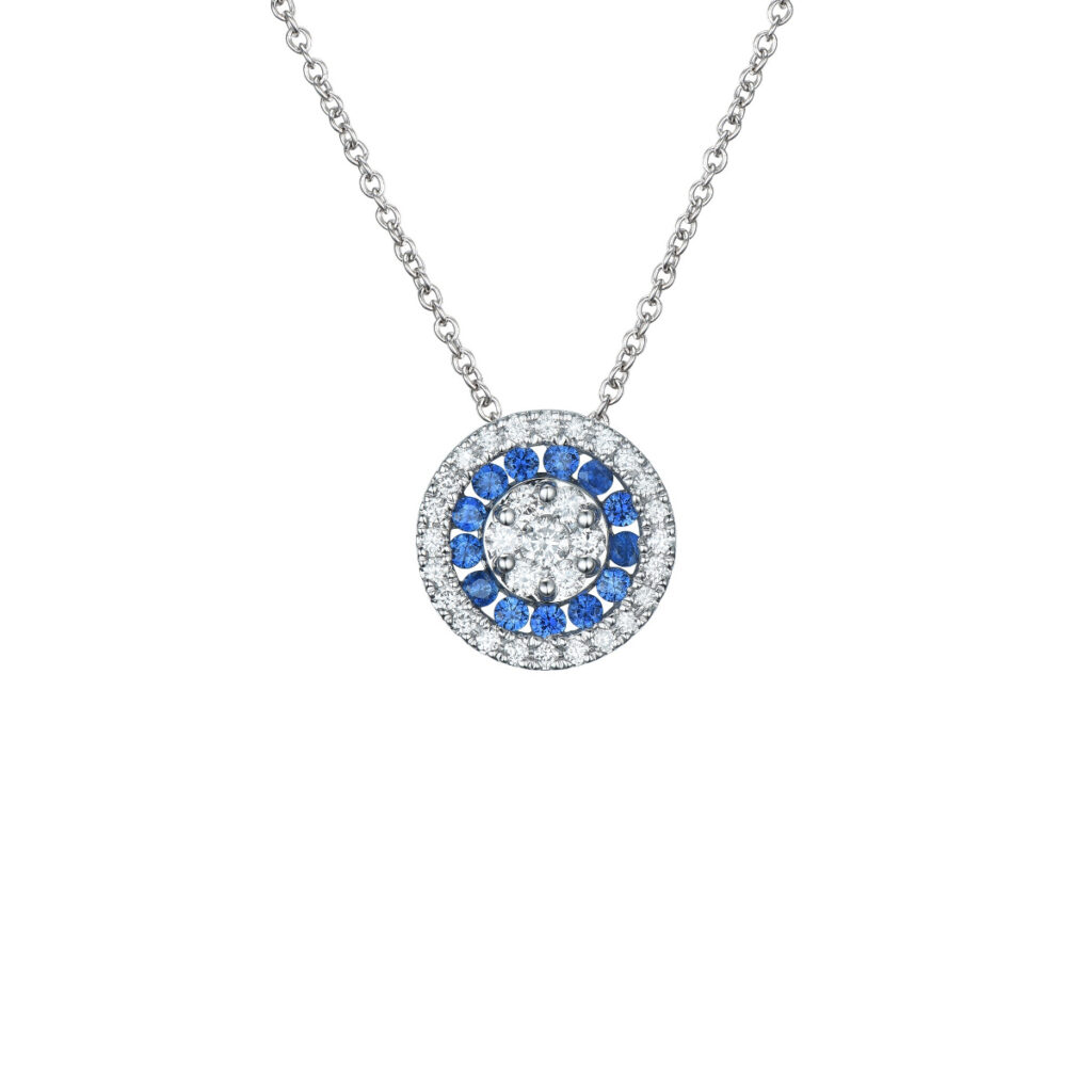 HALSSMYKKE MED DIAMANTER OG SAFIRER MED KJEDE