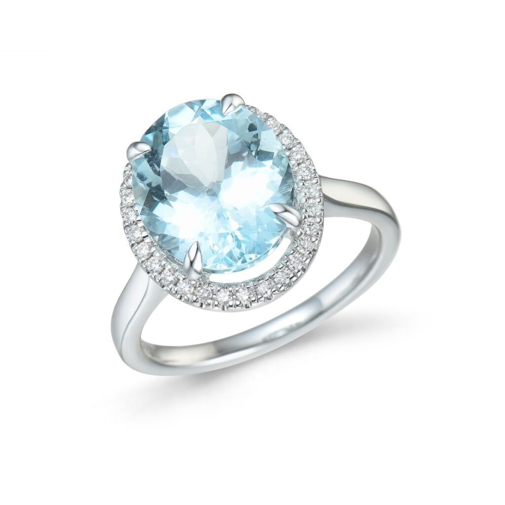 RING HVITTGULL MED AQUAMARINE OG DIMANATER